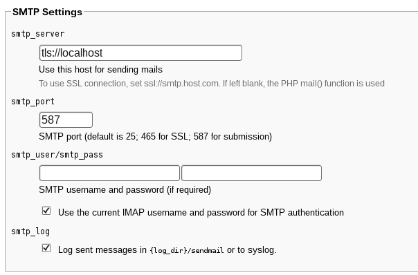 Paramètres SMTP roundcube